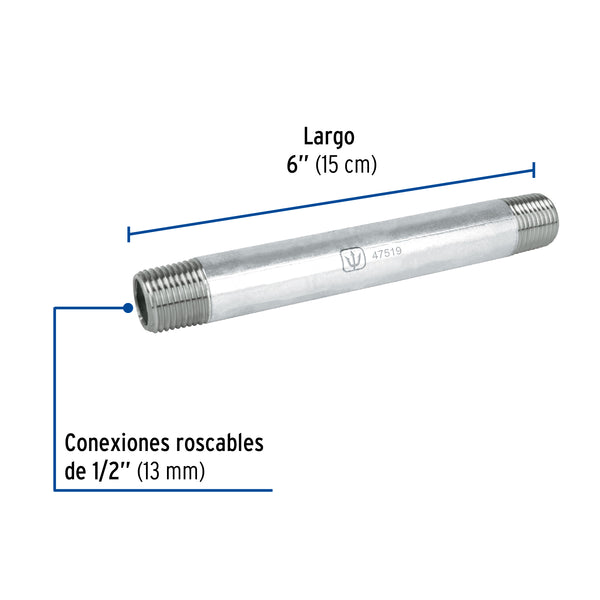 Niple Galvanizado 1/2" (13 mm) X  6" (15 cms) Galvaflow