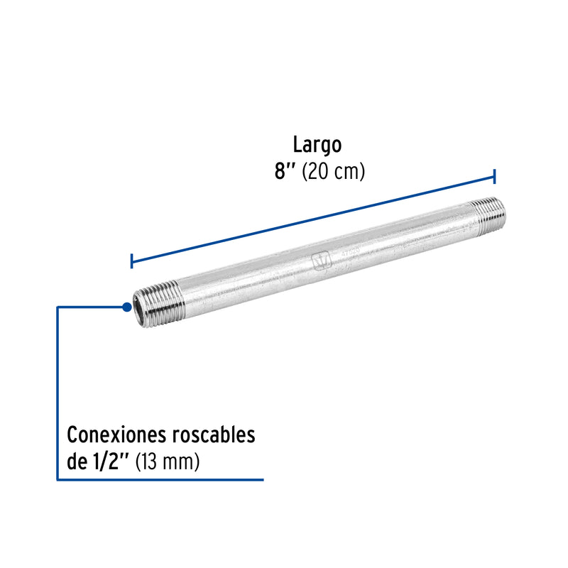 Niple Galvanizado 1/2" (13 mm) X  8" (20 cms) Galvaflow