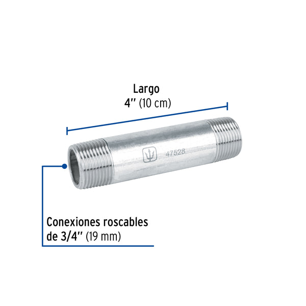 Niple Galvanizado 3/4" x  4" (19 mm x 10 cms) Galvaflow