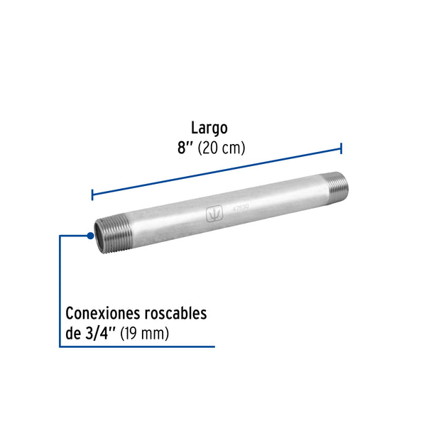 Niple Galvanizado 3/4" x  8" (19 mm x 20 cms) Galvaflow