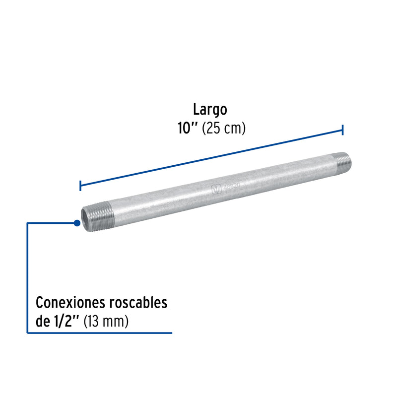 Niple Galvanizado 1/2" x 10" (13 mm x 25 cms) Galvaflow