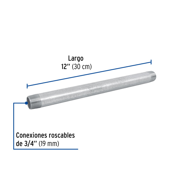 Niple Galvanizado 3/4" x 12" (19 mm x 30 cms) Galvaflow