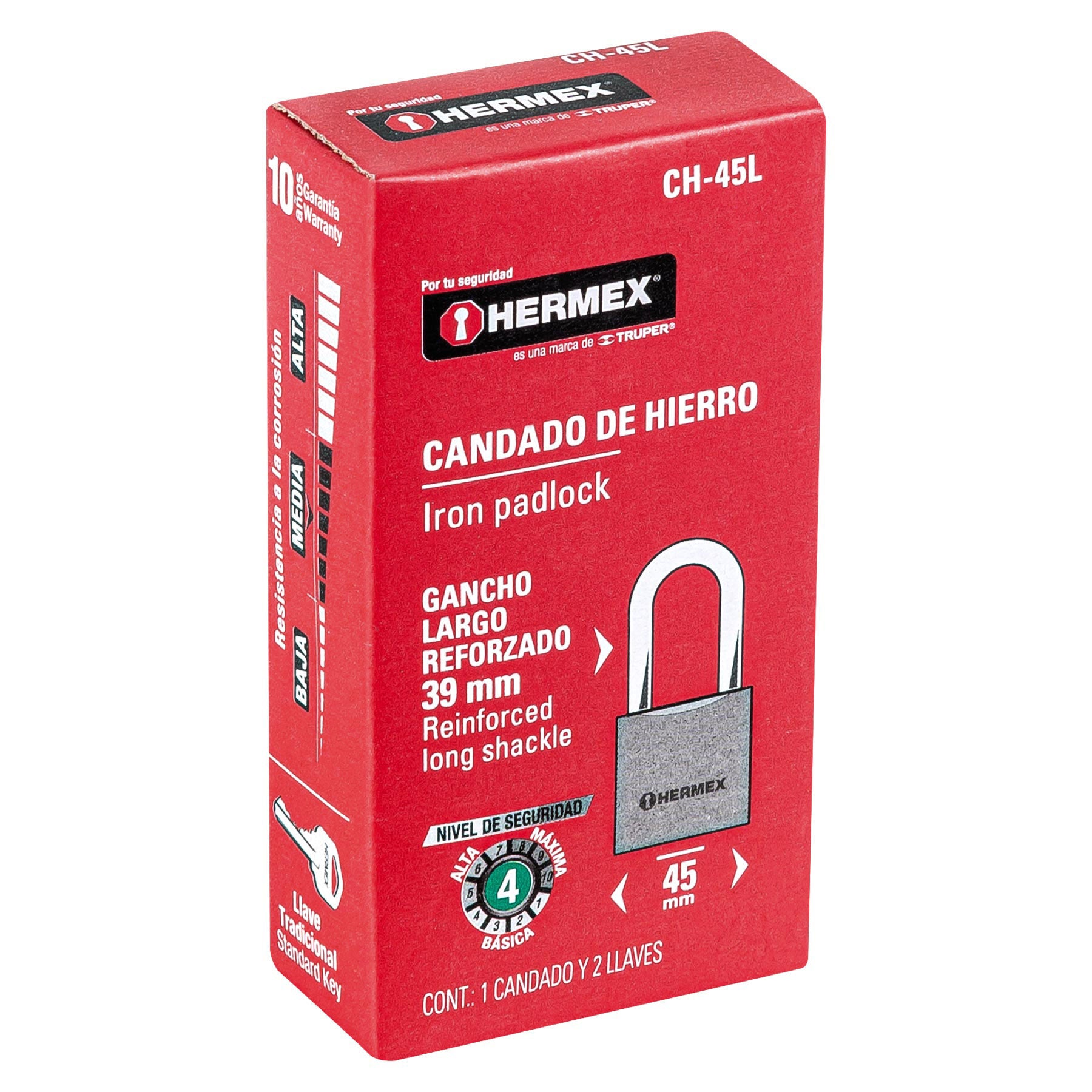 Candado de Hierro 45 mm Llave Tradicional Gancho Largo Hermex