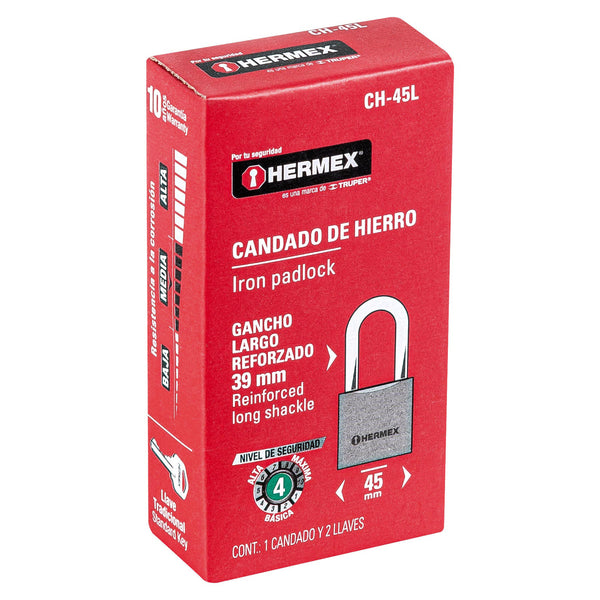 Candado de Hierro 45 mm Llave Tradicional Gancho Largo Hermex