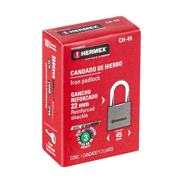 Candado de Hierro 45 mm Llave Tradicional Gancho Corto Hermex
