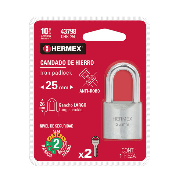 Candado de Hierro 25 mm Gancho Largo Blister Hermex