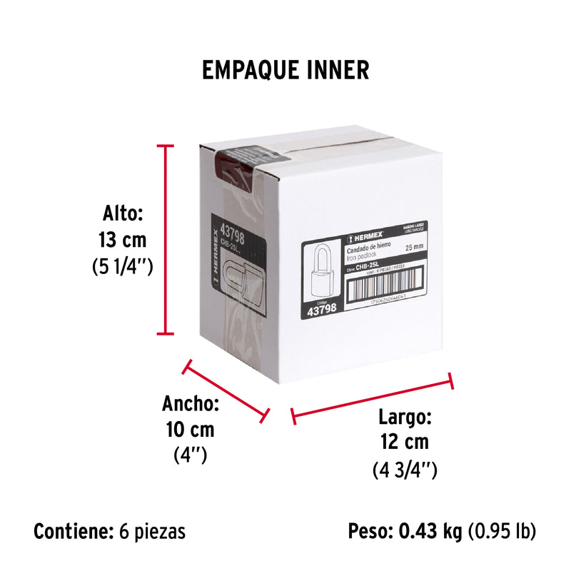 Candado de Hierro 25 mm Gancho Largo Blister Hermex