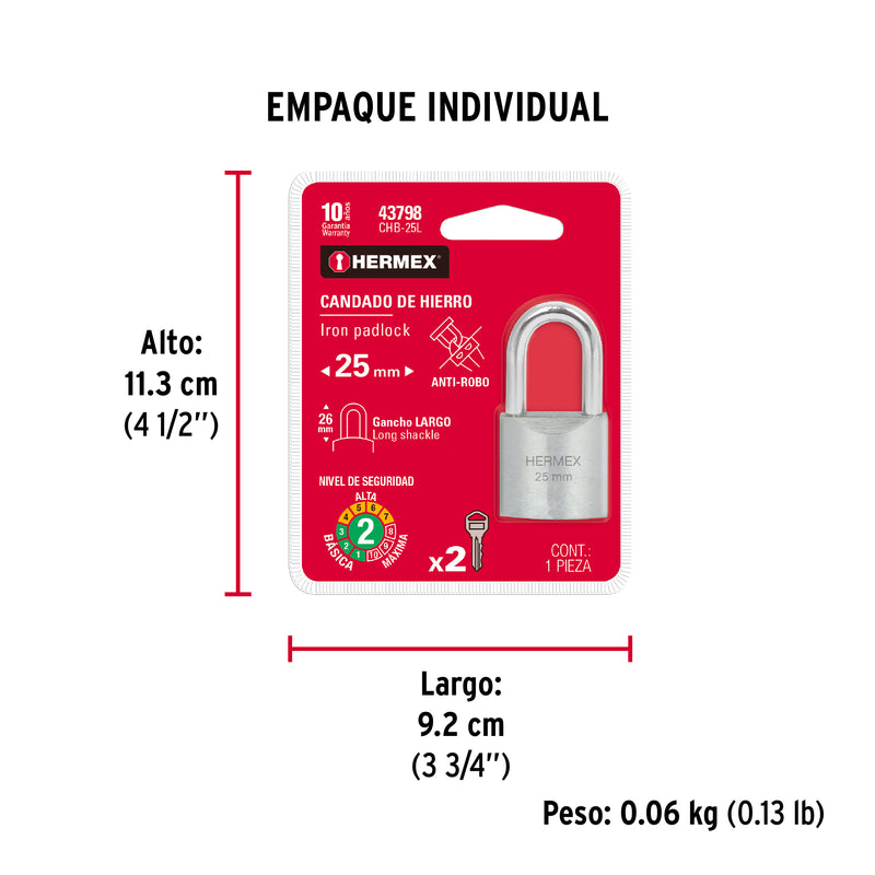 Candado de Hierro 25 mm Gancho Largo Blister Hermex