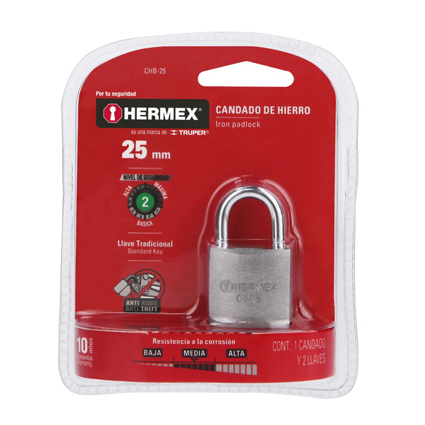 Candado de Hierro 25 mm Gancho Corto Blister Hermex