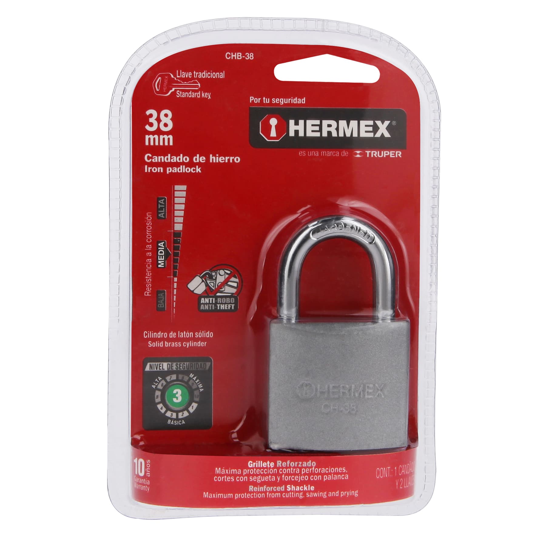 Candado de Hierro 38 mm Gancho Corto Blister Hermex