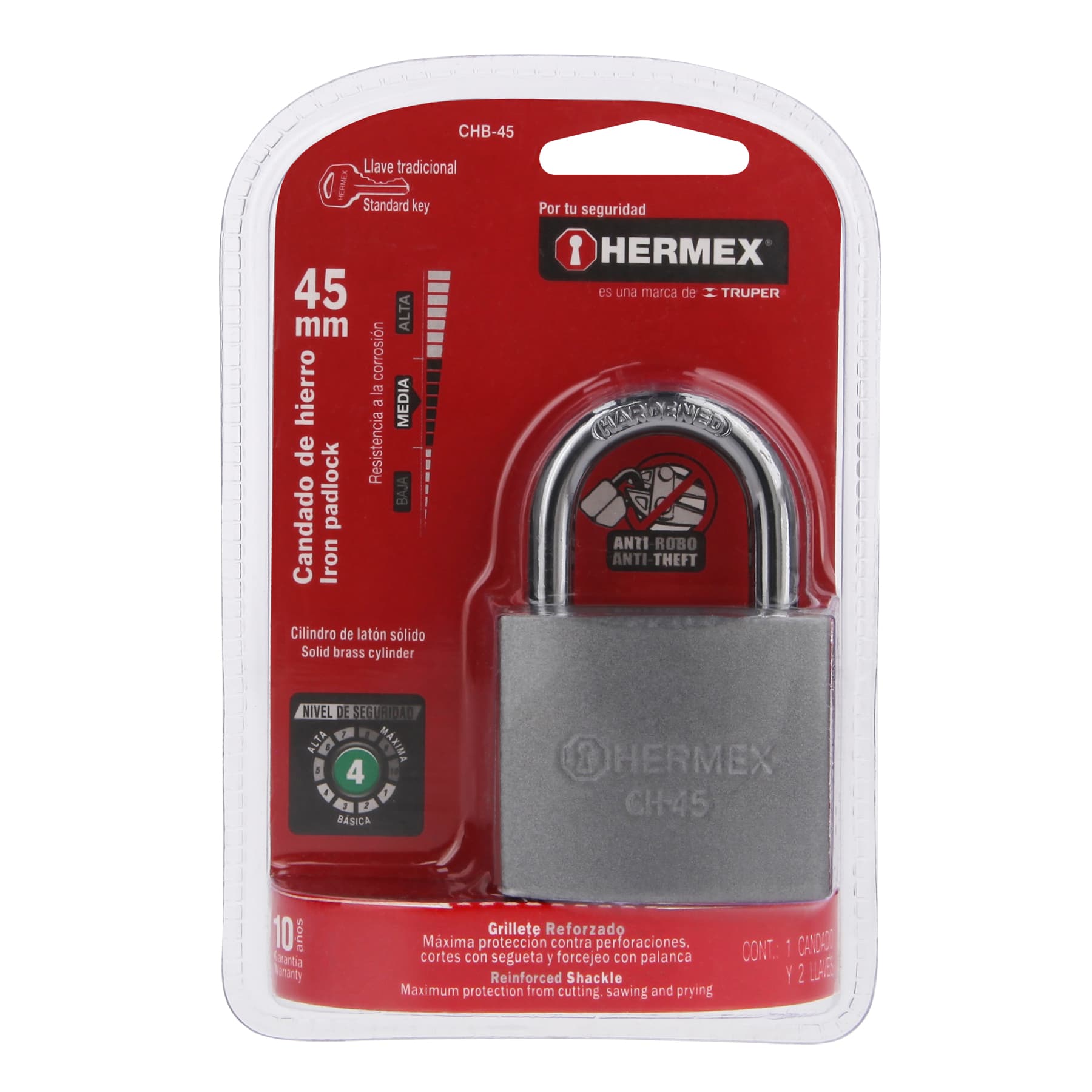Candado de Hierro 45 mm Gancho Corto Blister Hermex