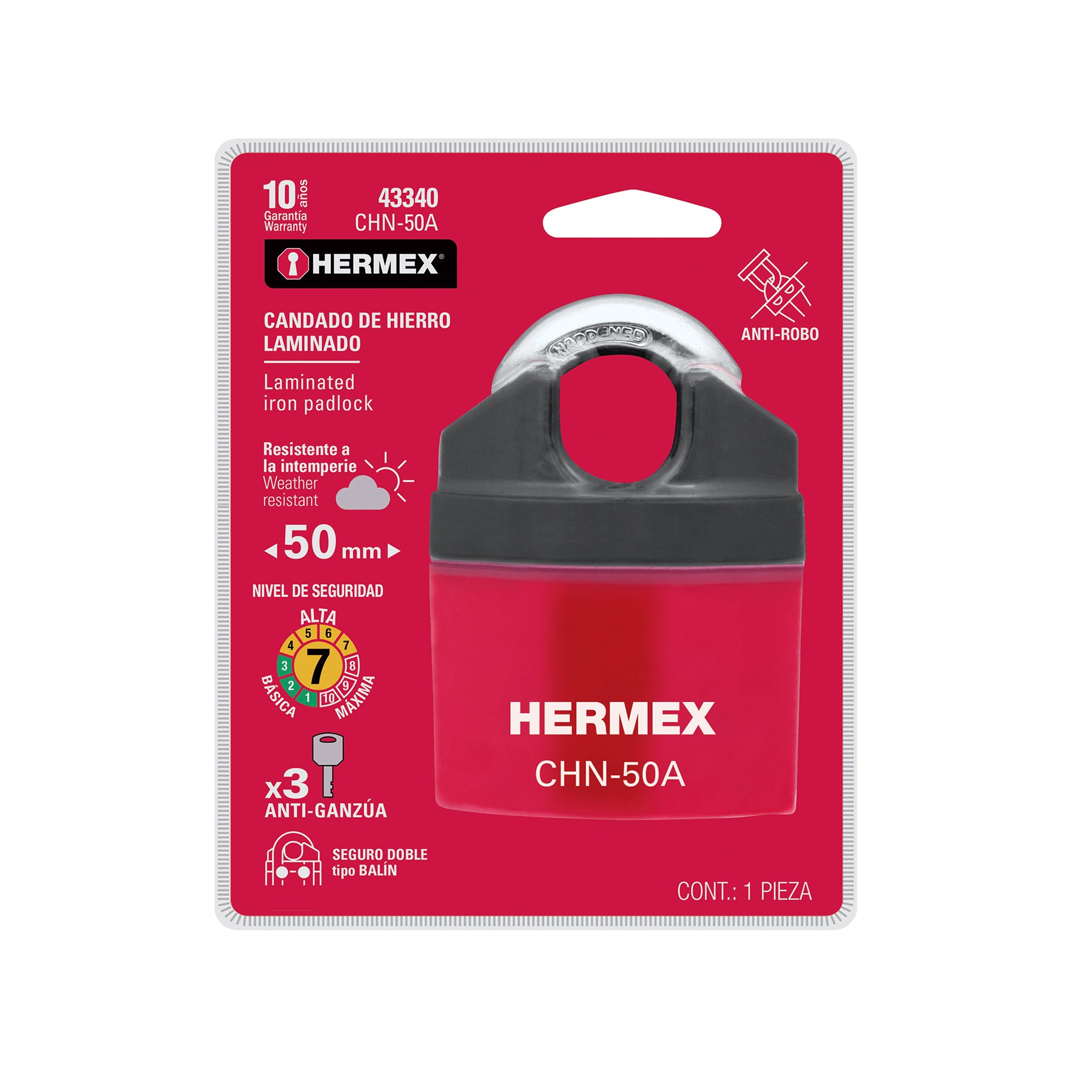 Candado de Hierro 50 mm Llave Anti-Ganzua Hermex