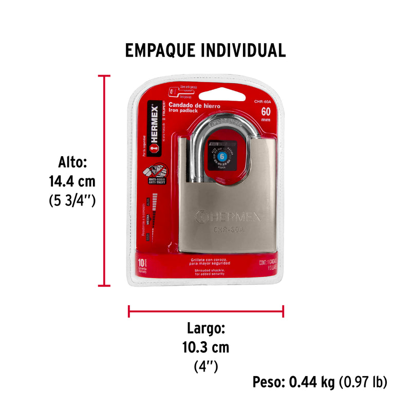 Candado de Hierro 60 mm con Coraza Llave Anti-Ganzua Hermex