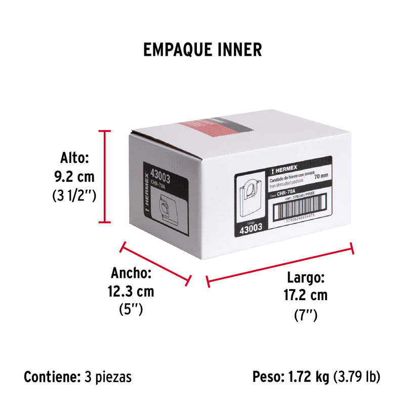 Candado de Hierro 70 mm con Coraza Llave Anti-Ganzua Hermex