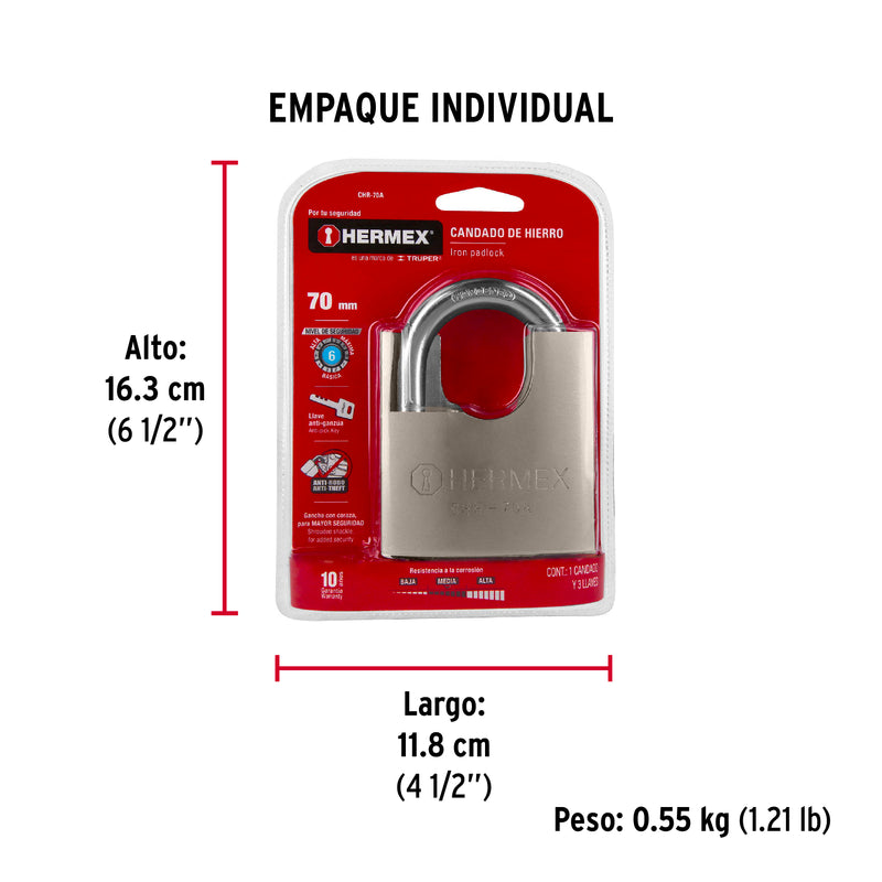 Candado de Hierro 70 mm con Coraza Llave Anti-Ganzua Hermex