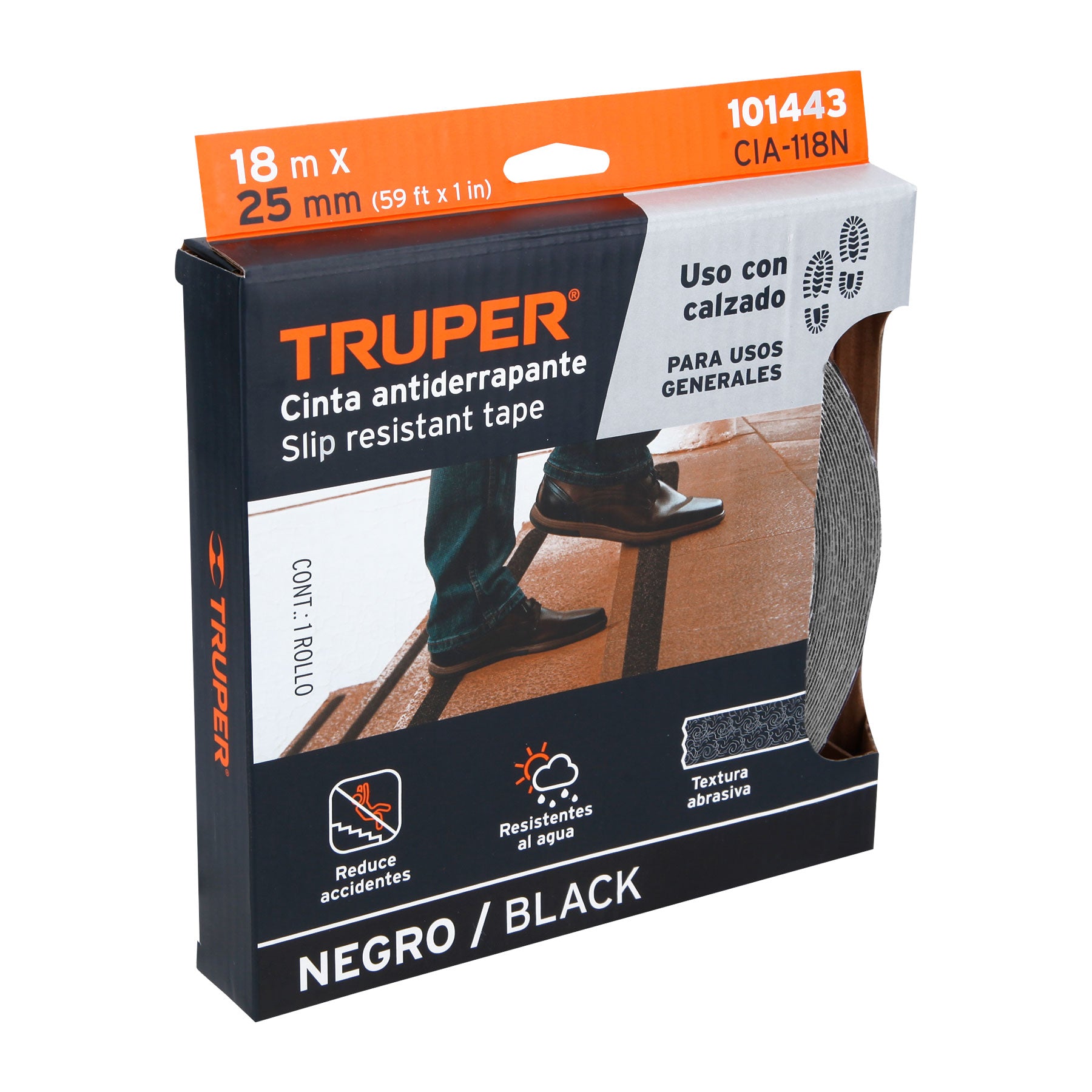 Cinta Adhesiva Antiderrapante 25 mm x 18 mts Negra Truper