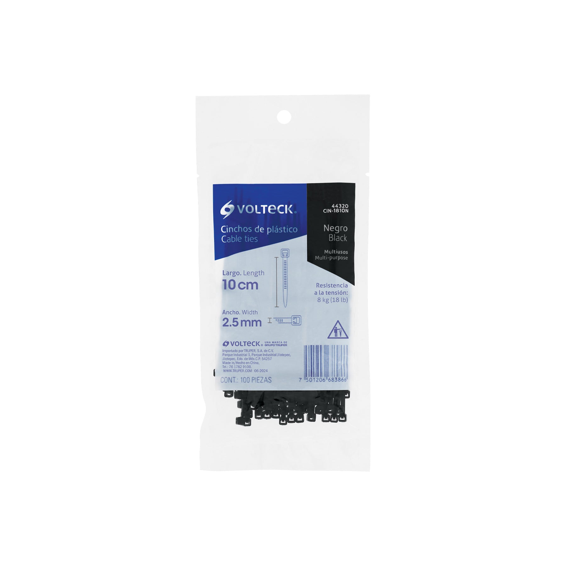 Cincho Plastico Negro 10 cm x 2.5 mm Bolsa 100 Piezas Volteck