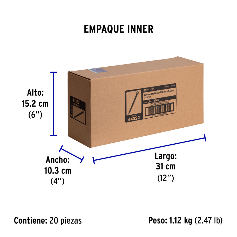 Cincho Plastico Negro 20 cm x  2.5 mm por Pieza Volteck