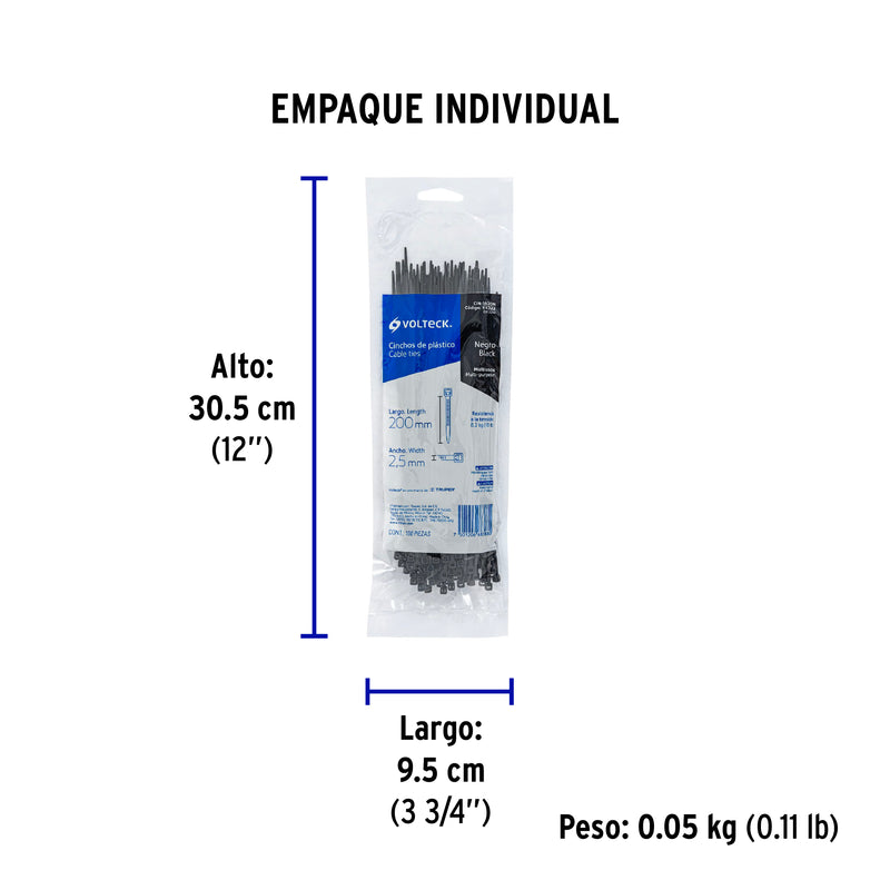 Cincho Plastico Negro 20 cm x  2.5 mm por Pieza Volteck
