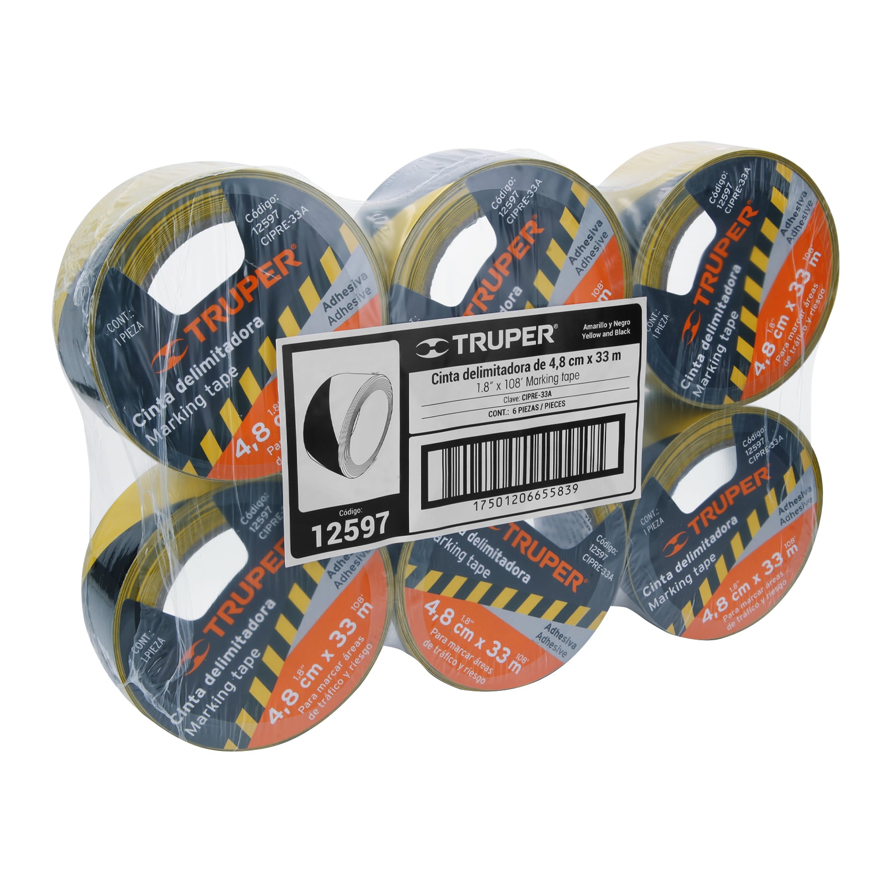Cinta Adhesiva de Señalizacion Amarilla/Negro 48 mm x 33 mts Truper