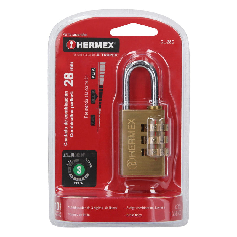 Candado de Combinacion 28 mm Cuerpo de Laton Hermex