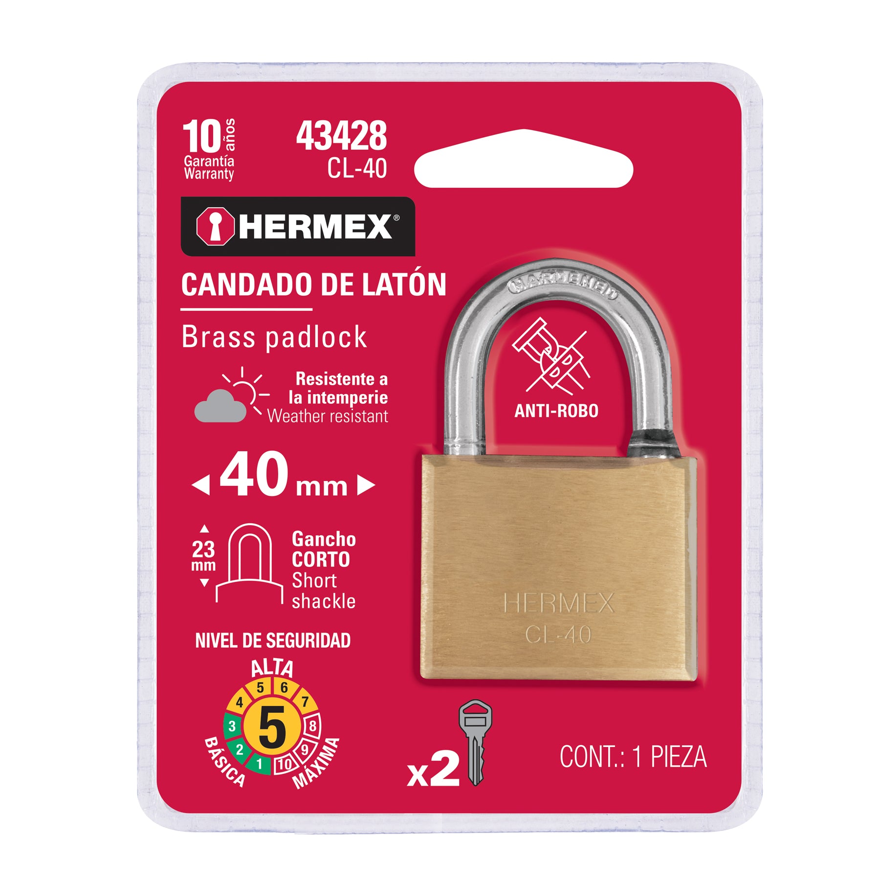 Candado de Laton 40 mm Gancho Corto Hermex Blister