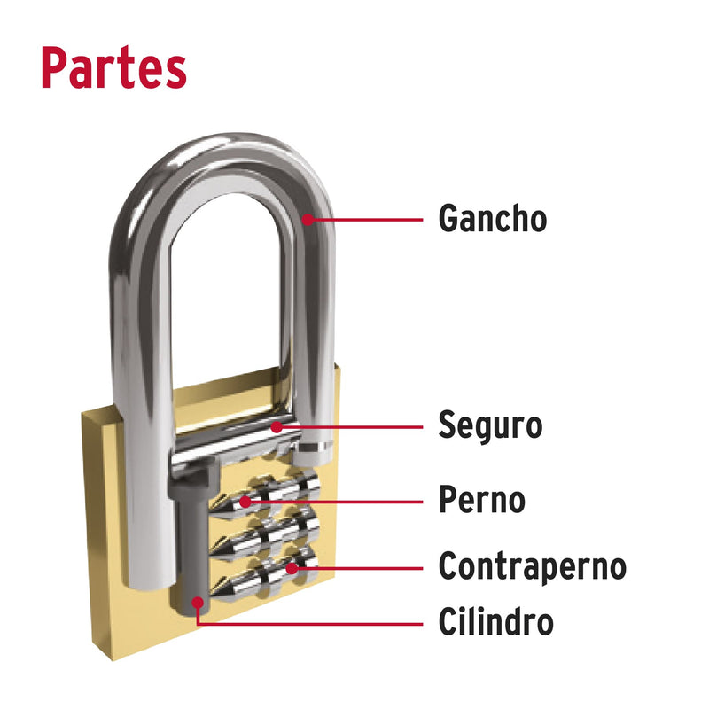 Candado de Laton 50 mm Llave Tradicional Hermex Gancho Largo Blister