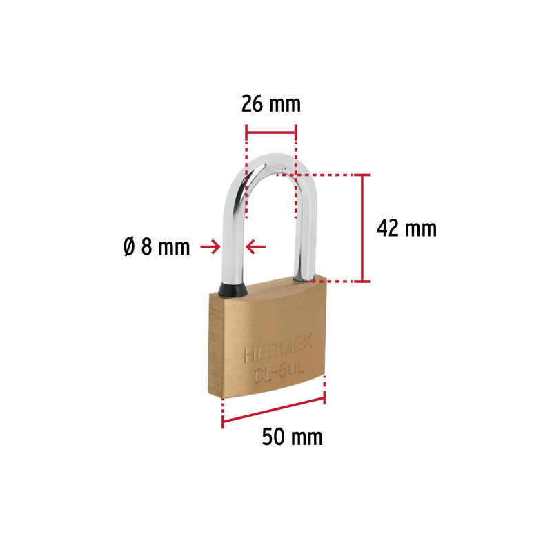 Candado de Laton 50 mm Llave Tradicional Hermex Gancho Largo Blister