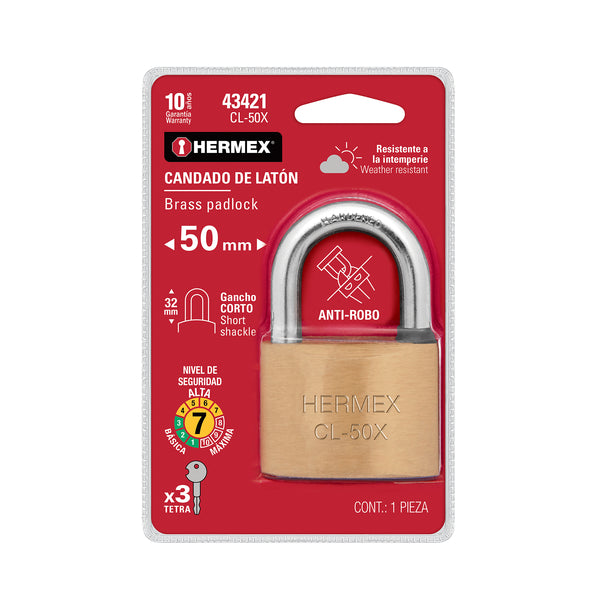 Candado de Laton 50 mm Llave Tetra Gancho Corto Hermex