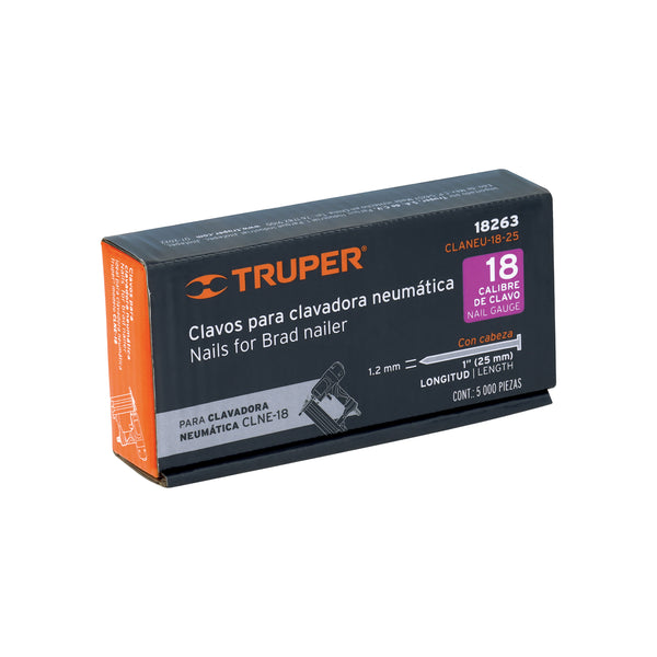 Clavos Clavadora Neumatica Calibre 18 Caja con 5,000 Truper 1" (25 mm)