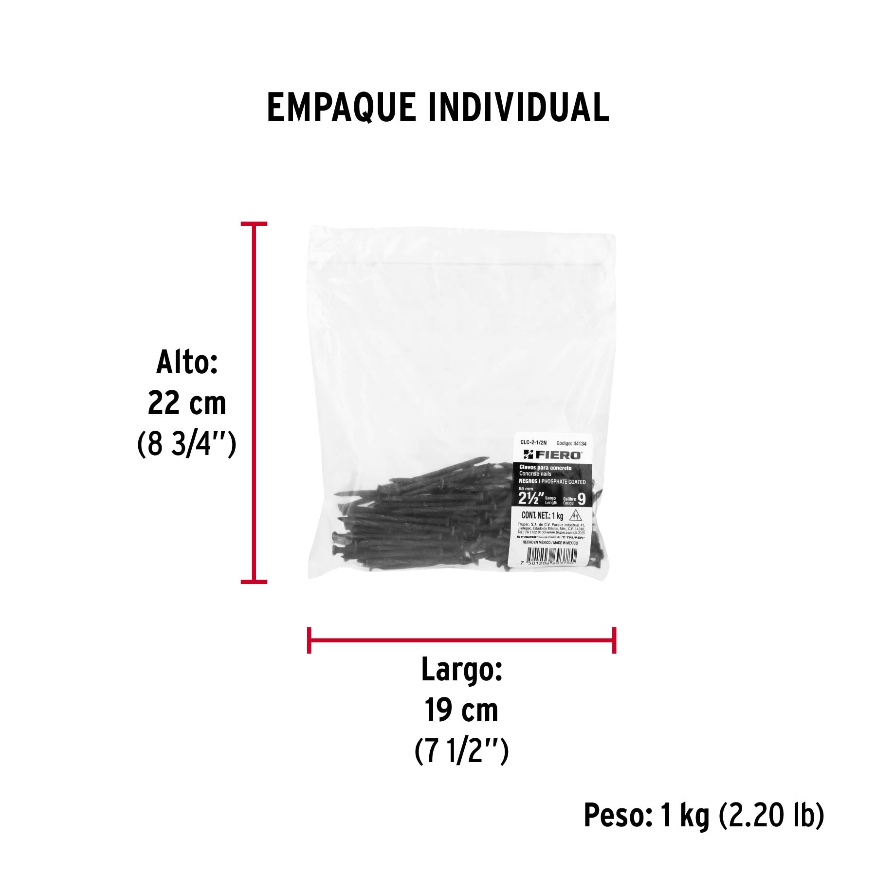Clavo Negro para Concreto 2"1/2 (64 mm) Fiero Bolsa 1 Kg