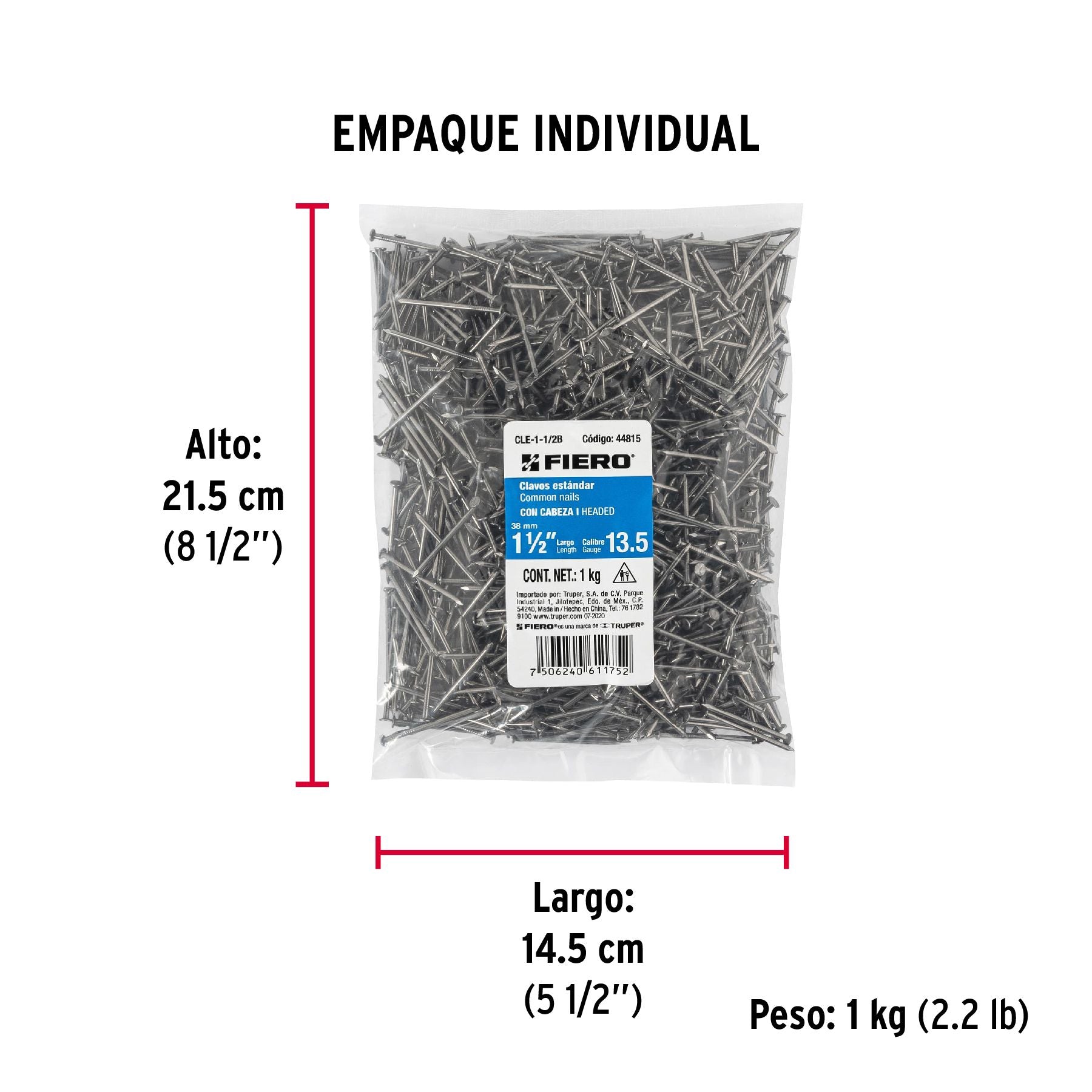 Clavo con Cabeza Estandar 1"1/2 Fiero Bolsa 1 Kg