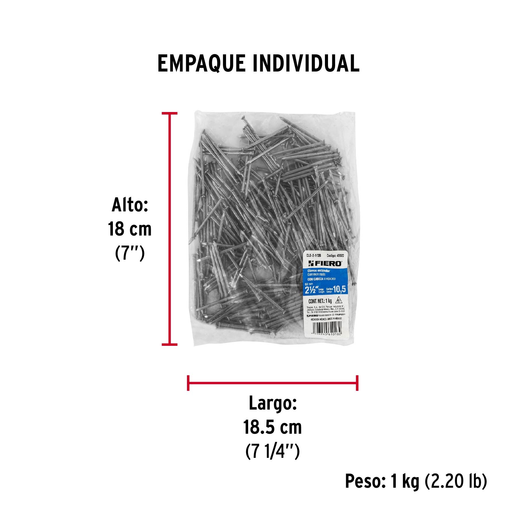 Clavo con Cabeza Standard 2"1/2 Fiero Bolsa 1 Kg