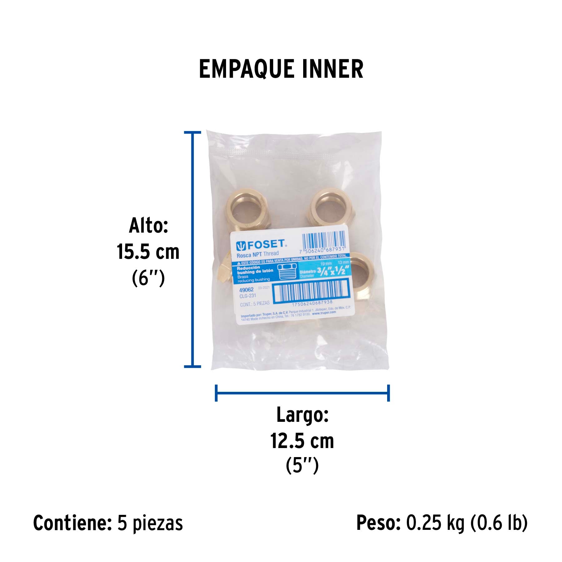 Reduccion Bushing de Laton 3/4" x 1/2" Foset