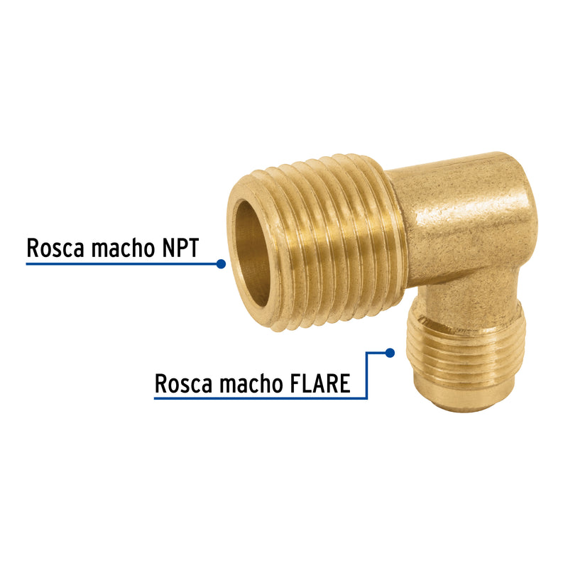 Codo Terminal para Gas 3/8" Flare x 1/2" NPT (10 mm Flare x 13 mm NPT) Foset