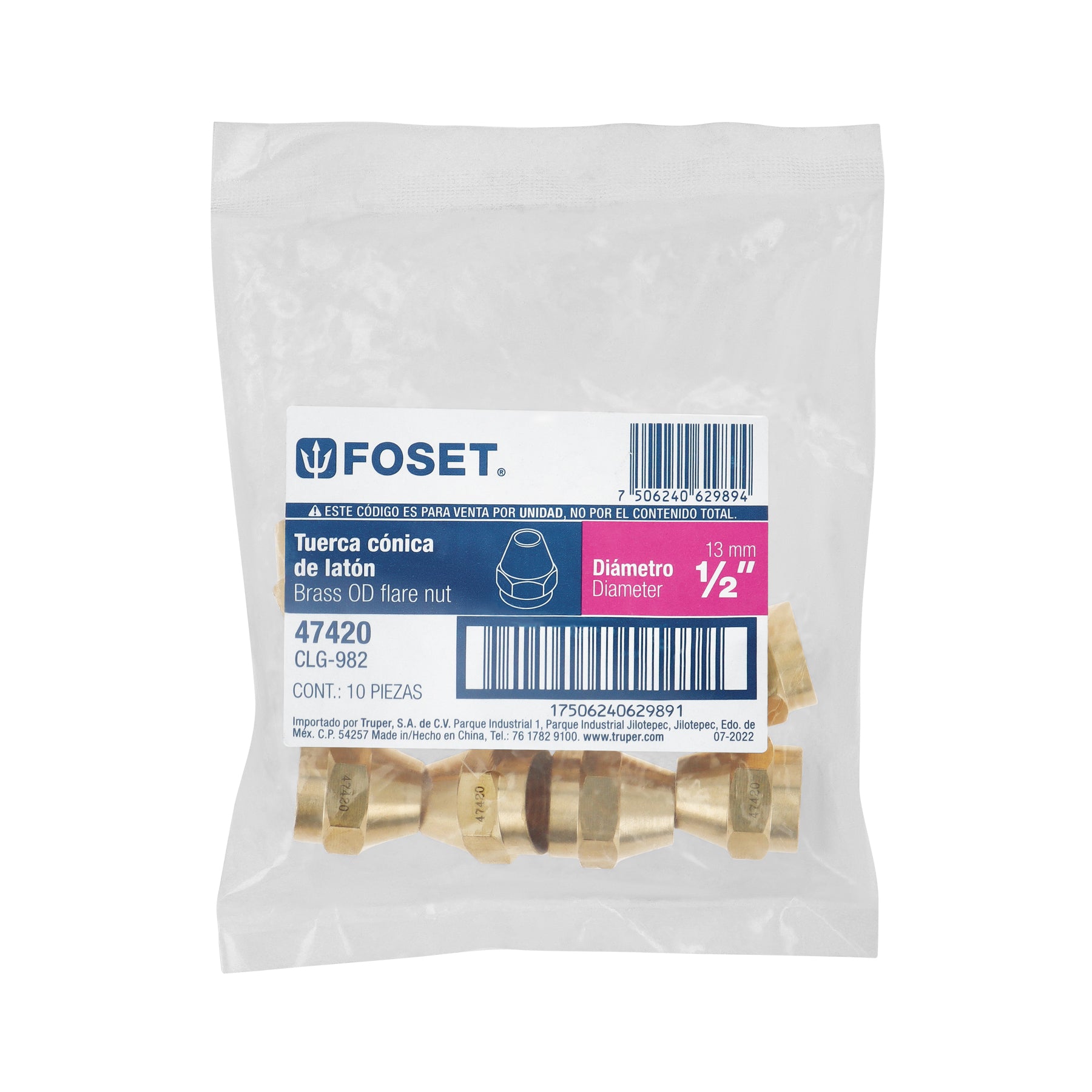 Tuerca Conica para Gas 1/2" (13 mm) Foset