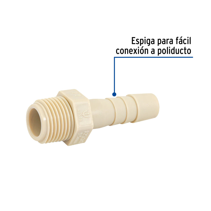 Conector Exterior Espiga para Manguera de Polipropileno 1/2" (13 mm) X 3/8" (10 mm)