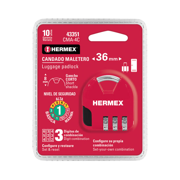 Candado Maletero de Combinacion 36 mm Rojo Hermex