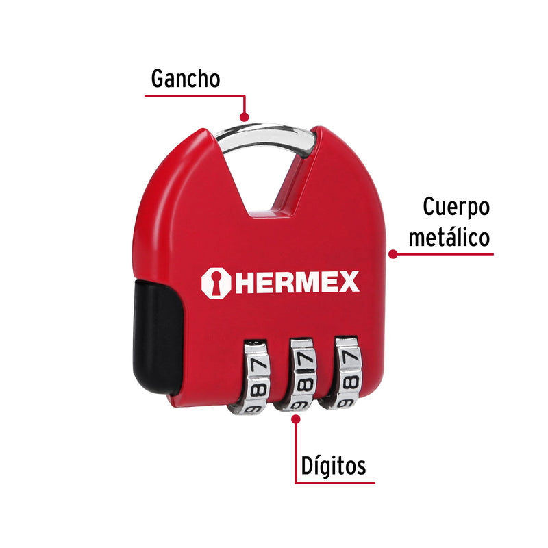Candado Maletero de Combinacion 36 mm Rojo Hermex