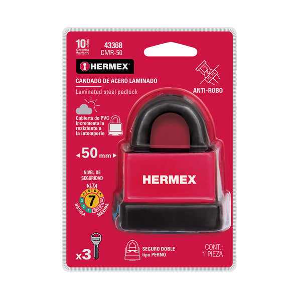 Candado Laminado 50 mm Recubierto de Plastico Hermex