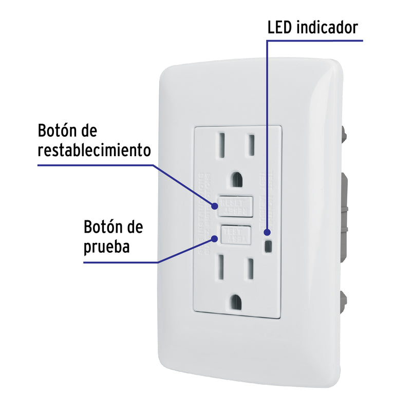 Contacto Duplex 2P + T con Falla a Tierra GFCI (ICFT) con Placa Blanco Linea Italiana Volteck