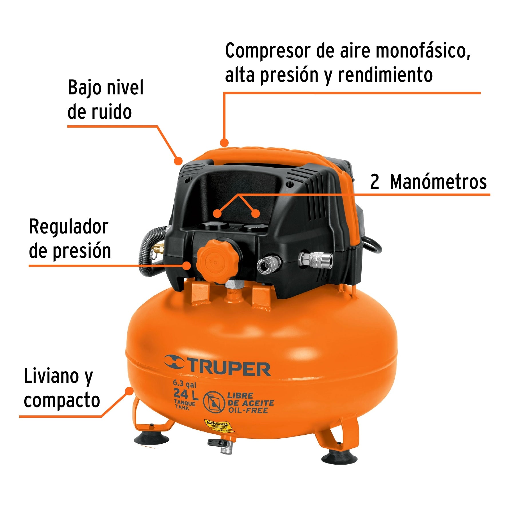 Kit Compresor de Aire Libre de Aceite 24 Litros Manguera y Pistola para Pintar Truper