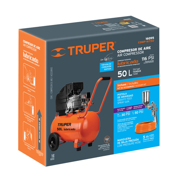 Kit Compresor de Aire 50 Litros Manguera y Pistola de Gravedad Truper