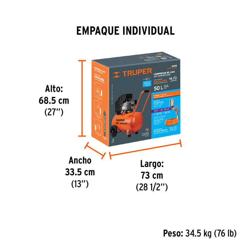 Kit Compresor de Aire 50 Litros Manguera y Pistola de Gravedad Truper