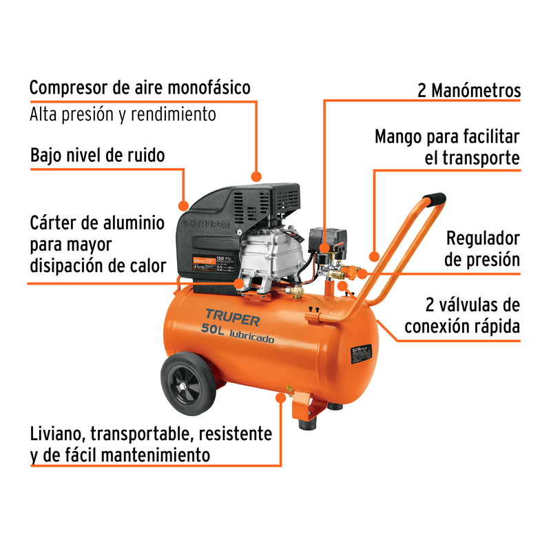 Kit Compresor de Aire 50 Litros Manguera y Pistola de Gravedad Truper