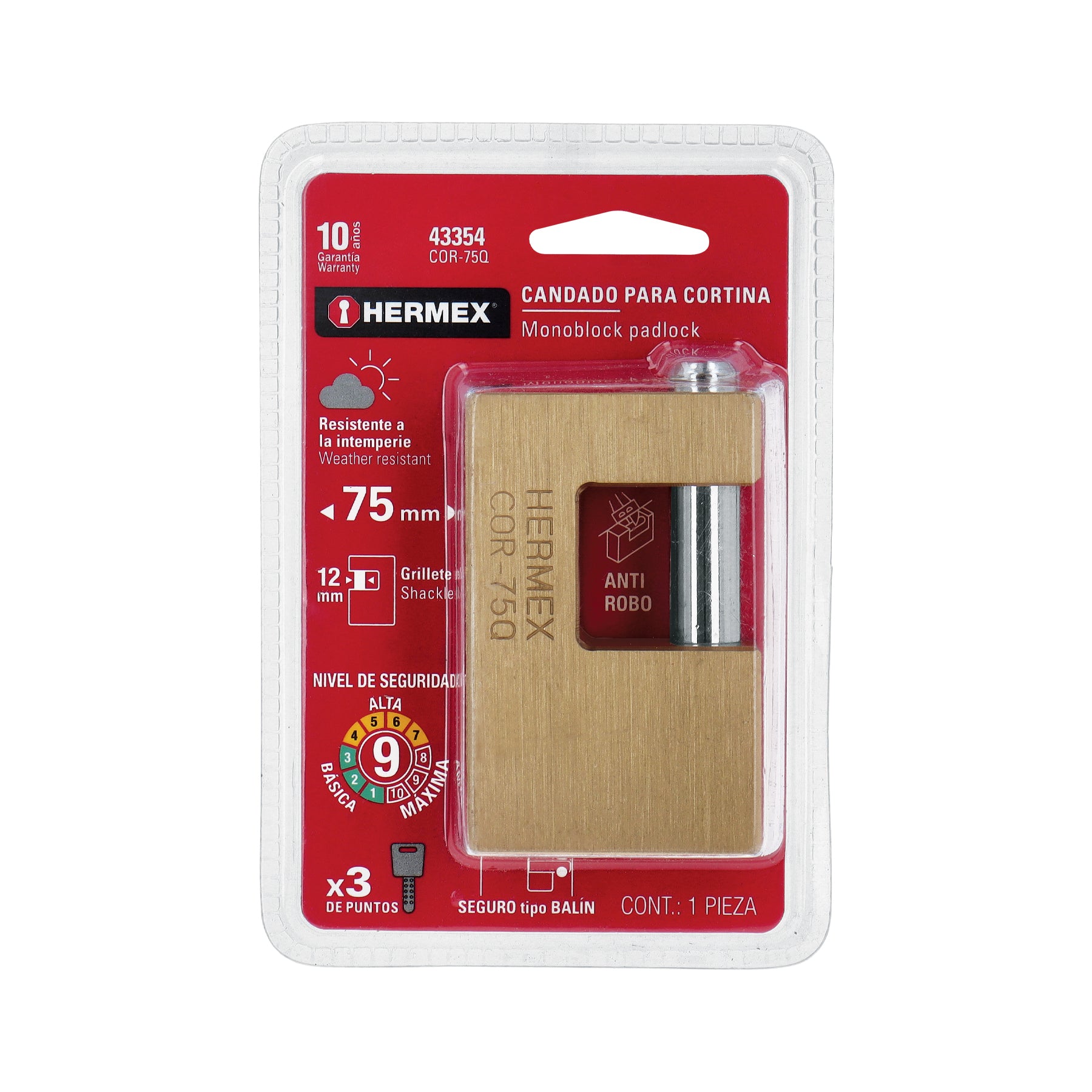 Candado para Cortina 75 mm Cuerpo de Laton Llave Puntos Hermex