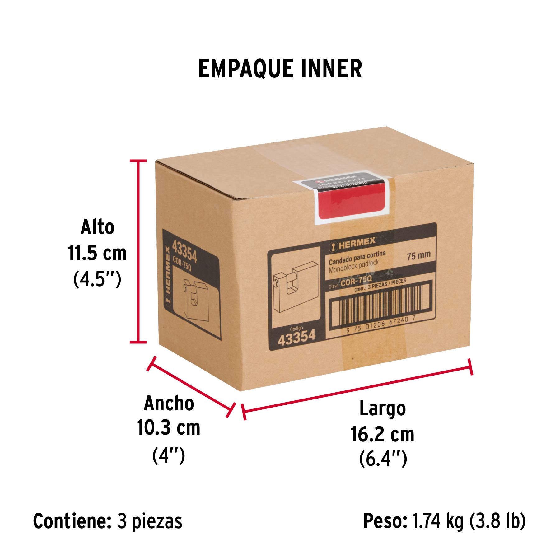 Candado para Cortina 75 mm Cuerpo de Laton Llave Puntos Hermex