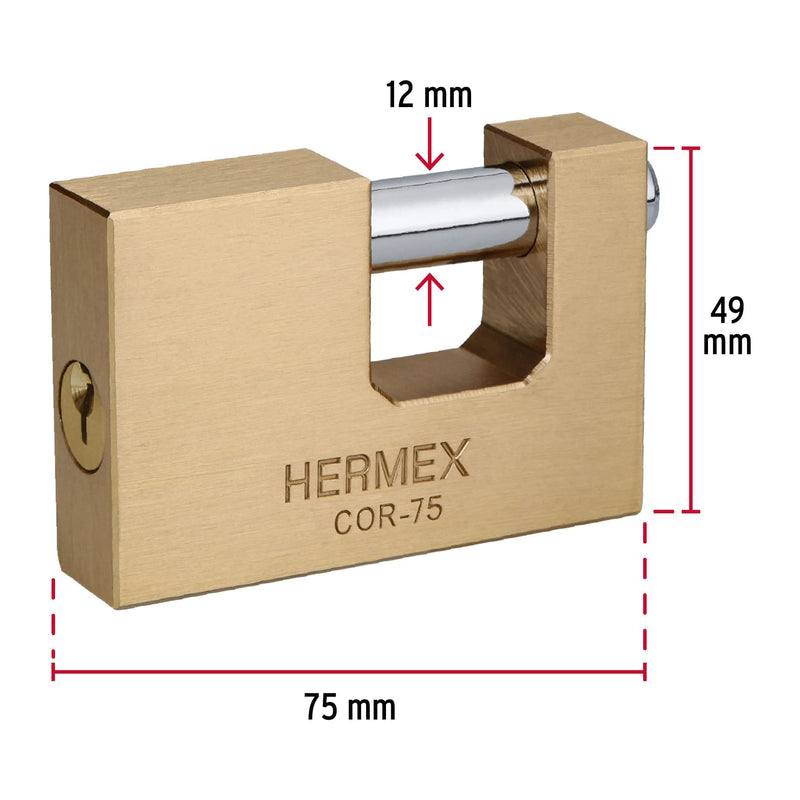 Candado para Cortina 75 mm Cuerpo de Laton Llave Tradicional Hermex