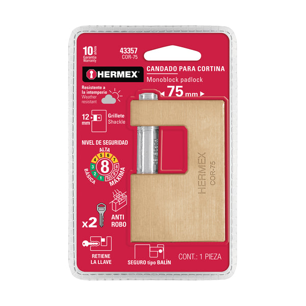 Candado para Cortina 75 mm Cuerpo de Laton Llave Tradicional Hermex