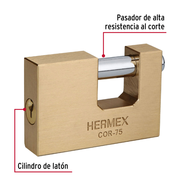 Candado para Cortina 75 mm Cuerpo de Laton Llave Tradicional Hermex